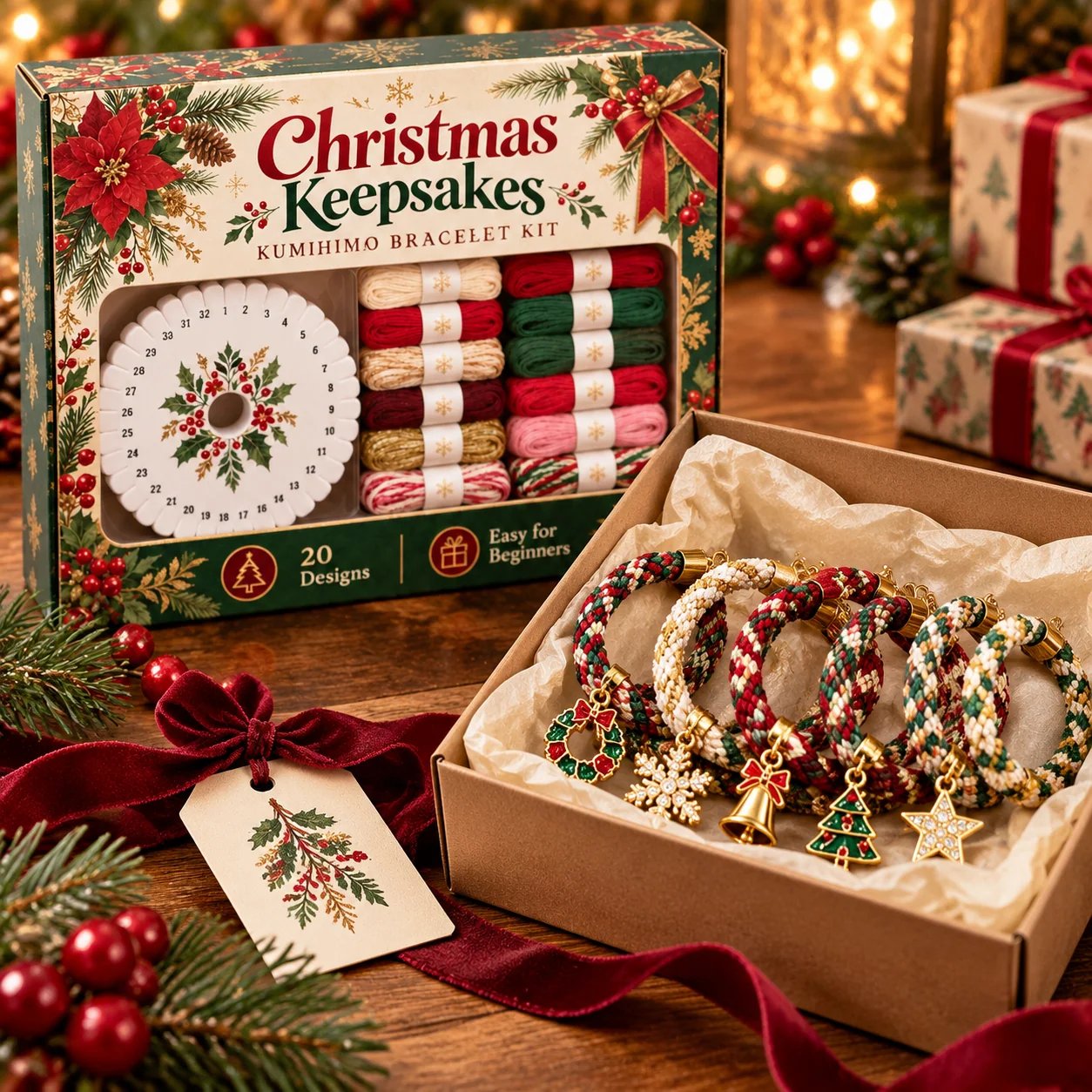 Christmas Keepsakes bracelet kit presented alongside a gift box of handmade bracelets