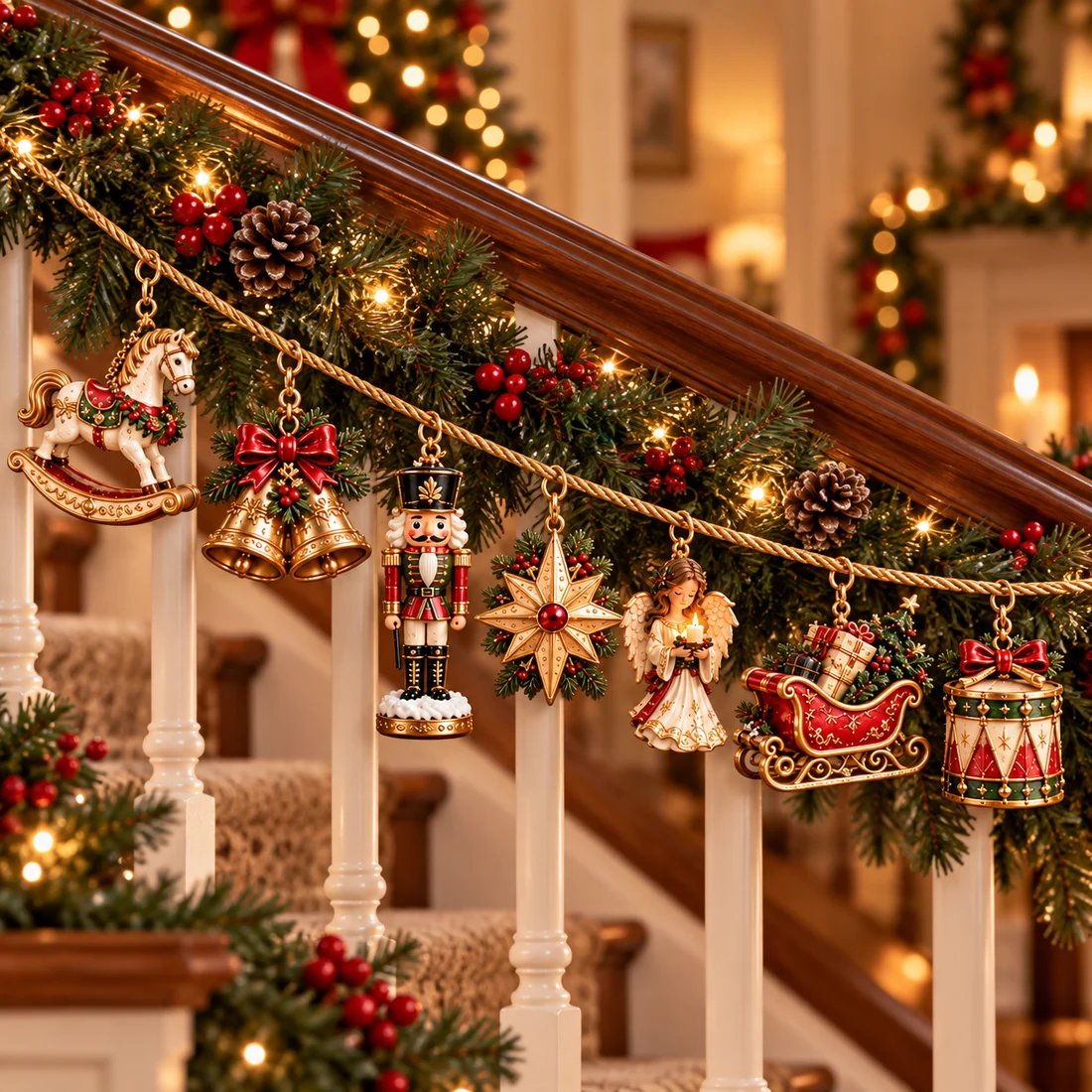 Christmas garland decorating an indoor staircase railing