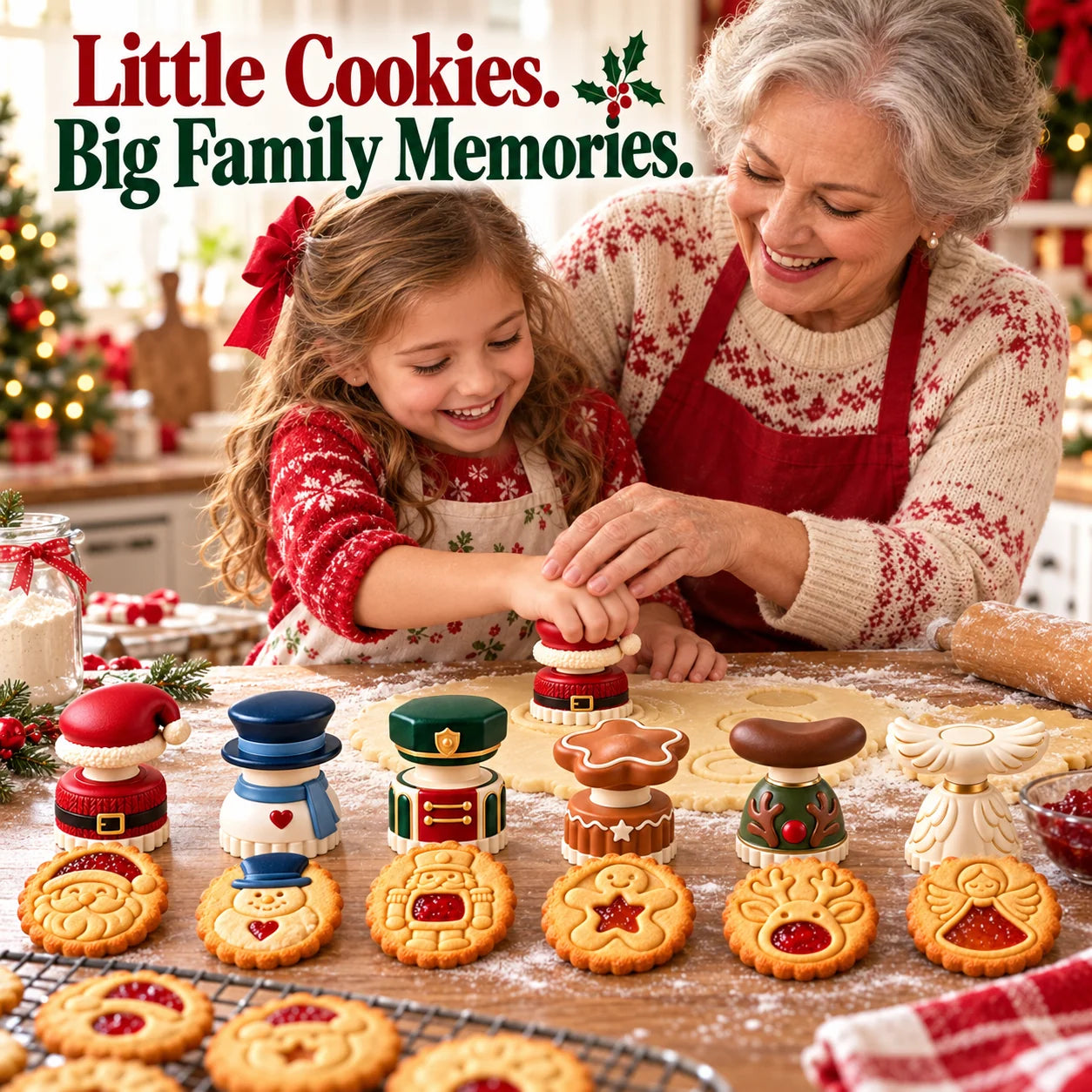 Grandmother and child making Christmas cookies together with festive cookie presses