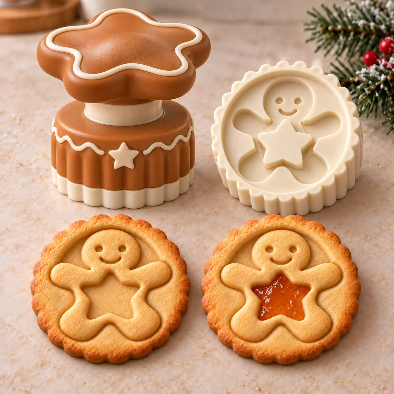 Gingerbread man cookie press with star detail and matching cookies