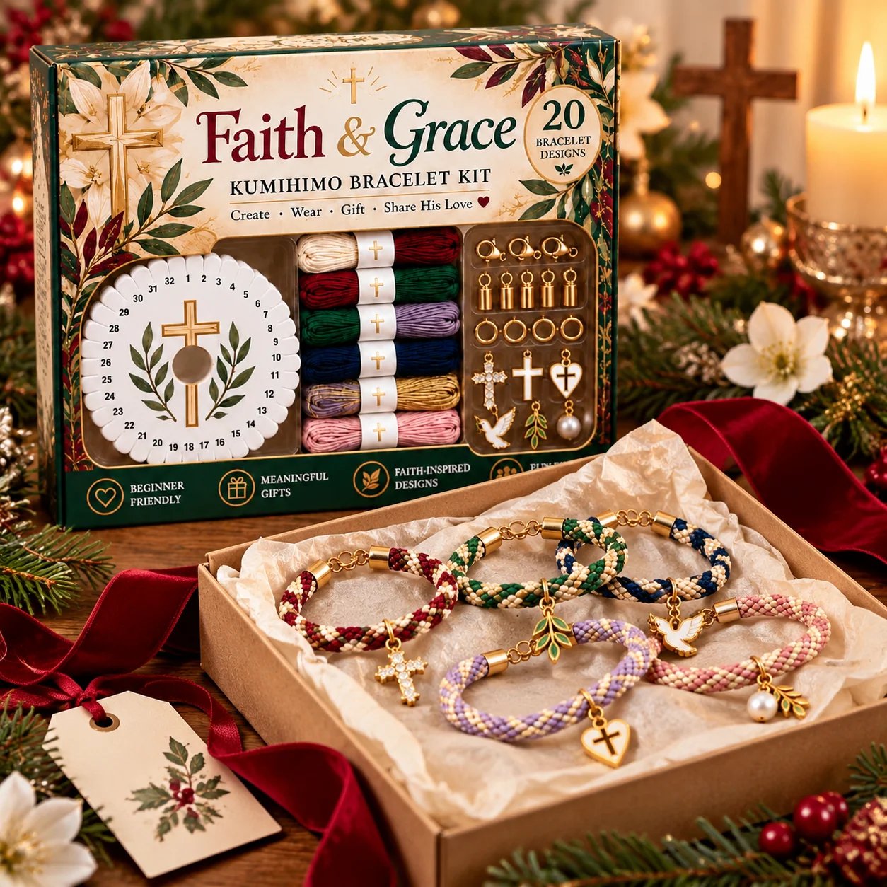 A themed bracelet kit displayed with finished handmade bracelets as a gift idea