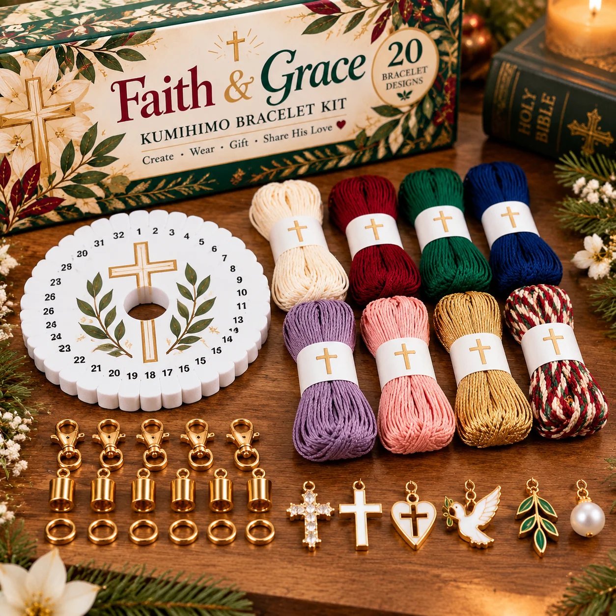 Close-up of the bracelet braiding disk, colorful cords, bracelet findings, and charms