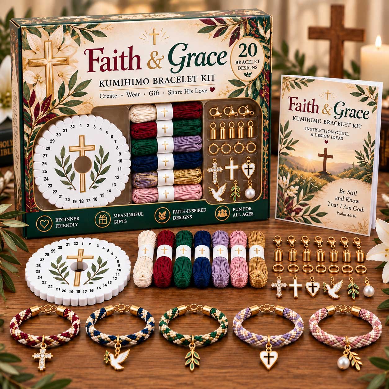 Kumihimo bracelet kit with coordinating cords and instruction booklet