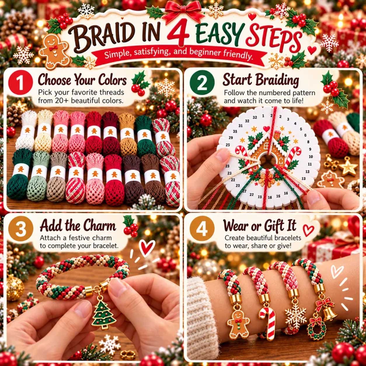 Four-step visual guide to choosing cords, braiding, finishing, and wearing a Christmas bracelet