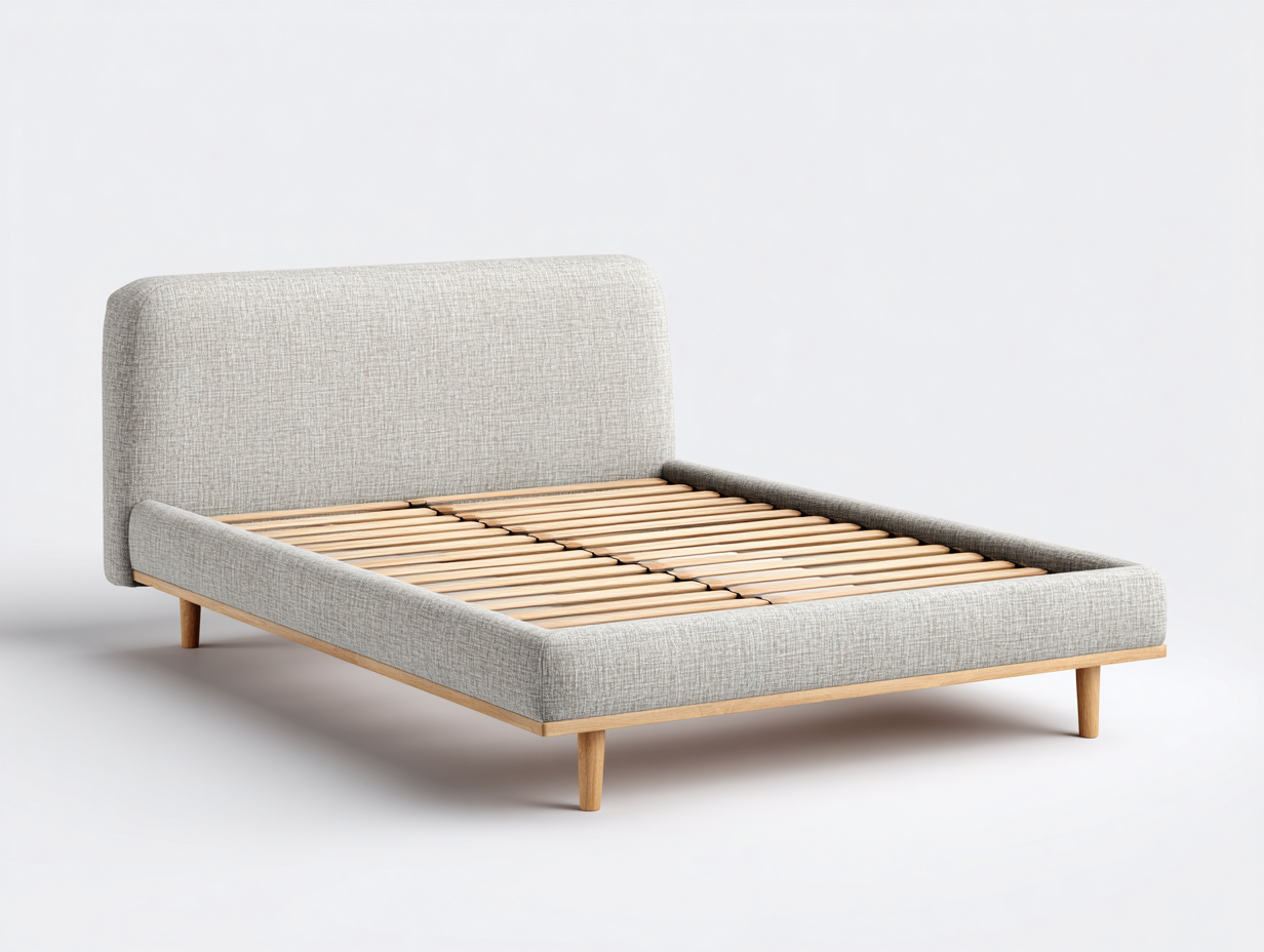 Doppelbett-Holz-Stoff-205x185x105 cm-Hellgrau-Naturholz-Moderner Minimalstil-Bamboomyhut