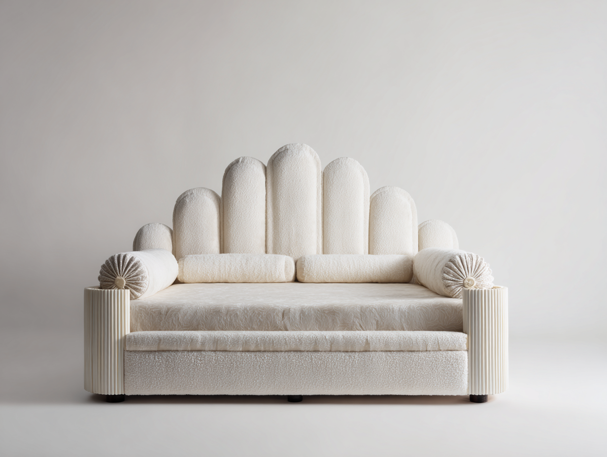 Doppelbett-Stoff-Holz-220x200x128 cm-Cremeweiß-Moderner Art-Déco-Stil-Bamboomyhut