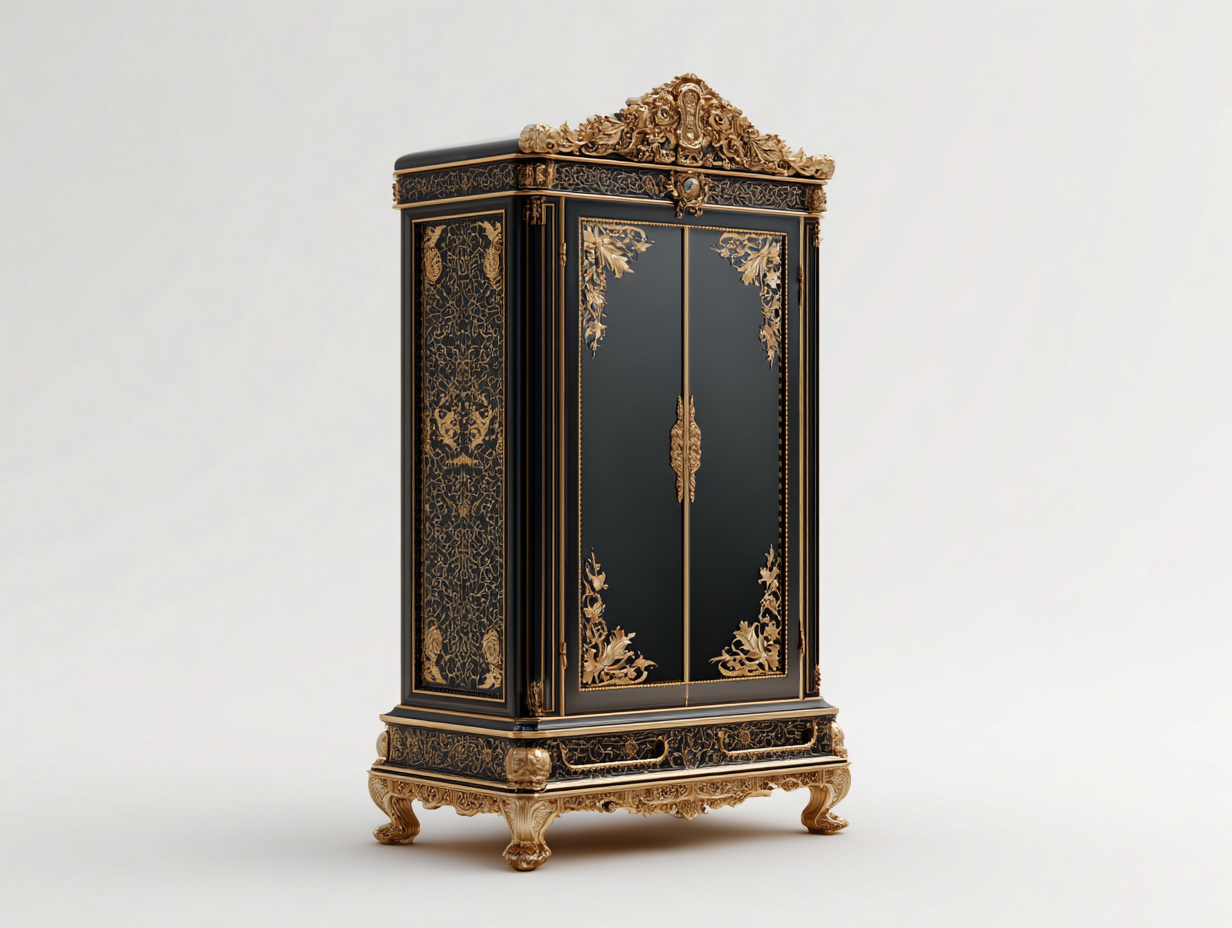 Kleiderschrank-Holz-154x64x218 cm-Schwarz-Gold-Barockstil-Bamboomyhut