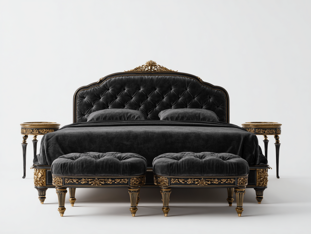 Doppelbett-Samt-Holz-232x212x142 cm-Schwarz-Klassischer Barockstil-Bamboomyhut