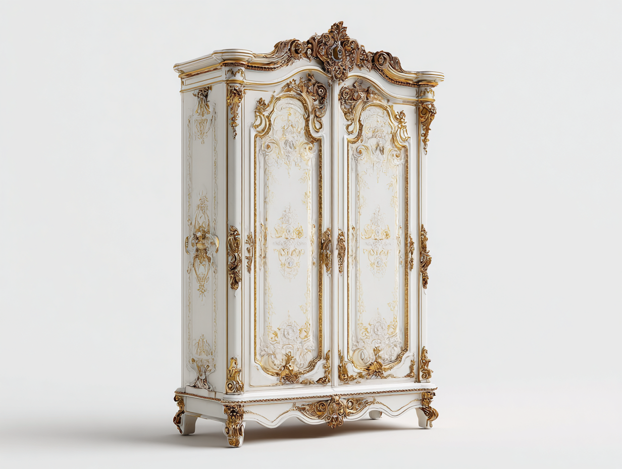 Kleiderschrank-Holz-176x68x228 cm-Weiß-Gold-Klassischer Barockstil-Bamboomyhut