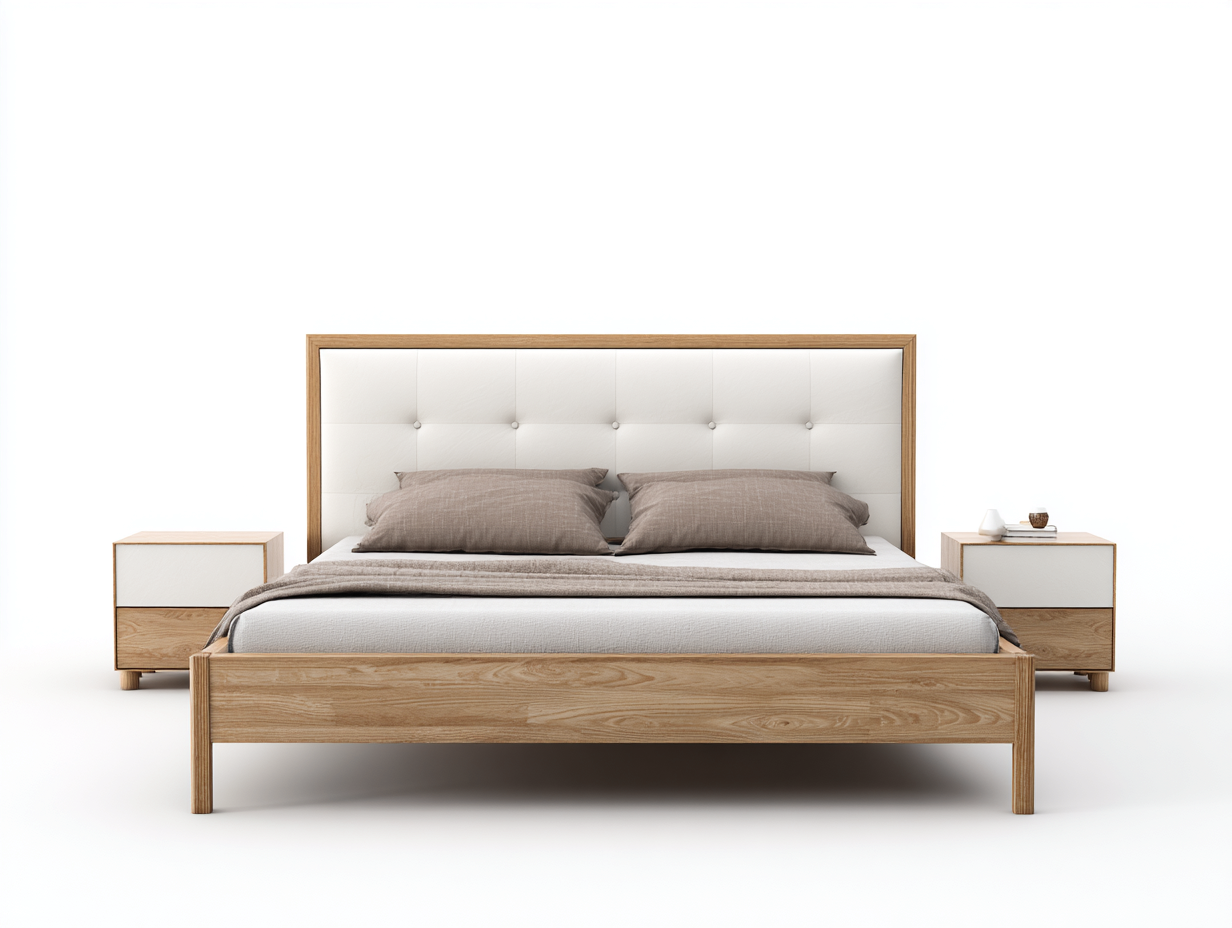 Doppelbett-Holz-Stoff-210x190x112 cm-Naturholz-Weiß-Moderner Minimalstil-Bamboomyhut