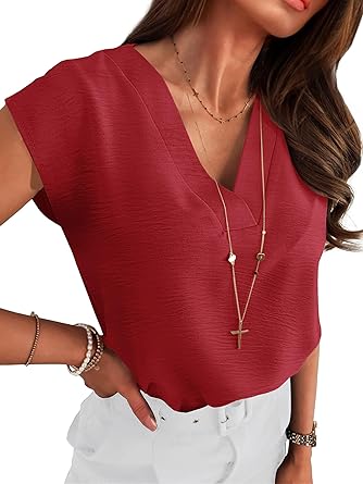 Women Tops Cap Sleeve Dressy Casual V Neck Shirts 2026 Summer Business Work Blouses Outfits Trendy Spring Clothing