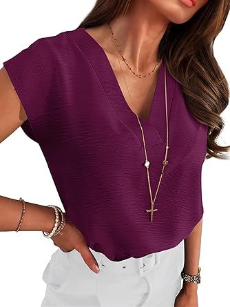 Women Tops Cap Sleeve Dressy Casual V Neck Shirts 2026 Summer Business Work Blouses Outfits Trendy Spring Clothing