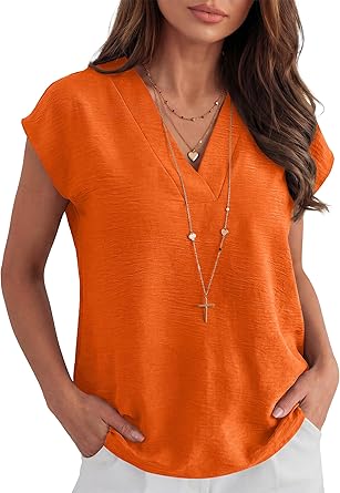 Women Tops Cap Sleeve Dressy Casual V Neck Shirts 2026 Summer Business Work Blouses Outfits Trendy Spring Clothing
