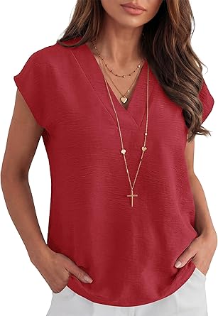 Women Tops Cap Sleeve Dressy Casual V Neck Shirts 2026 Summer Business Work Blouses Outfits Trendy Spring Clothing
