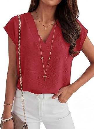 Women Tops Cap Sleeve Dressy Casual V Neck Shirts 2026 Summer Business Work Blouses Outfits Trendy Spring Clothing