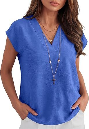 Women Tops Cap Sleeve Dressy Casual V Neck Shirts 2026 Summer Business Work Blouses Outfits Trendy Spring Clothing