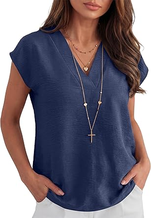 Women Tops Cap Sleeve Dressy Casual V Neck Shirts 2026 Summer Business Work Blouses Outfits Trendy Spring Clothing