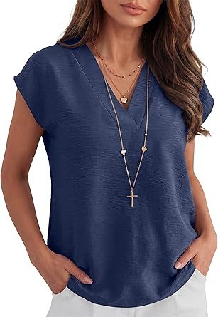 Women Tops Cap Sleeve Dressy Casual V Neck Shirts 2026 Summer Business Work Blouses Outfits Trendy Spring Clothing