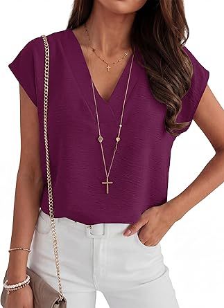 Women Tops Cap Sleeve Dressy Casual V Neck Shirts 2026 Summer Business Work Blouses Outfits Trendy Spring Clothing