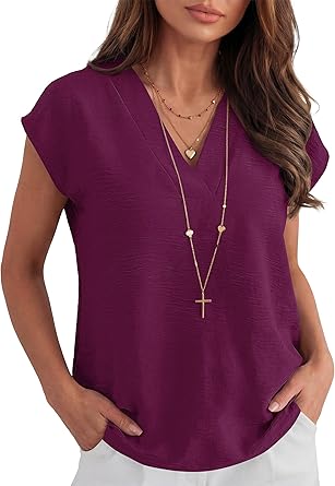 Women Tops Cap Sleeve Dressy Casual V Neck Shirts 2026 Summer Business Work Blouses Outfits Trendy Spring Clothing