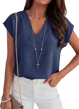 Women Tops Cap Sleeve Dressy Casual V Neck Shirts 2026 Summer Business Work Blouses Outfits Trendy Spring Clothing