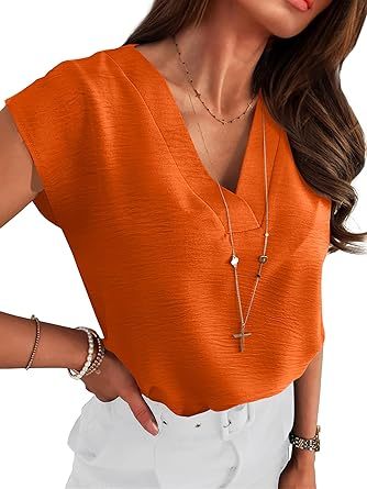 Women Tops Cap Sleeve Dressy Casual V Neck Shirts 2026 Summer Business Work Blouses Outfits Trendy Spring Clothing