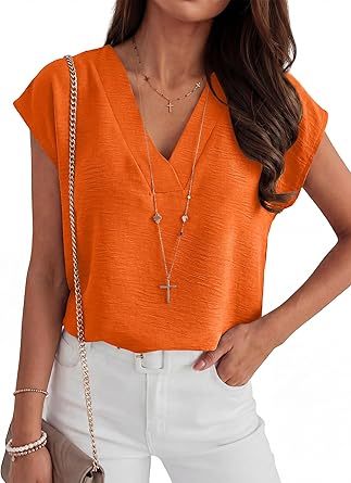 Women Tops Cap Sleeve Dressy Casual V Neck Shirts 2026 Summer Business Work Blouses Outfits Trendy Spring Clothing