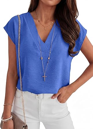 Women Tops Cap Sleeve Dressy Casual V Neck Shirts 2026 Summer Business Work Blouses Outfits Trendy Spring Clothing