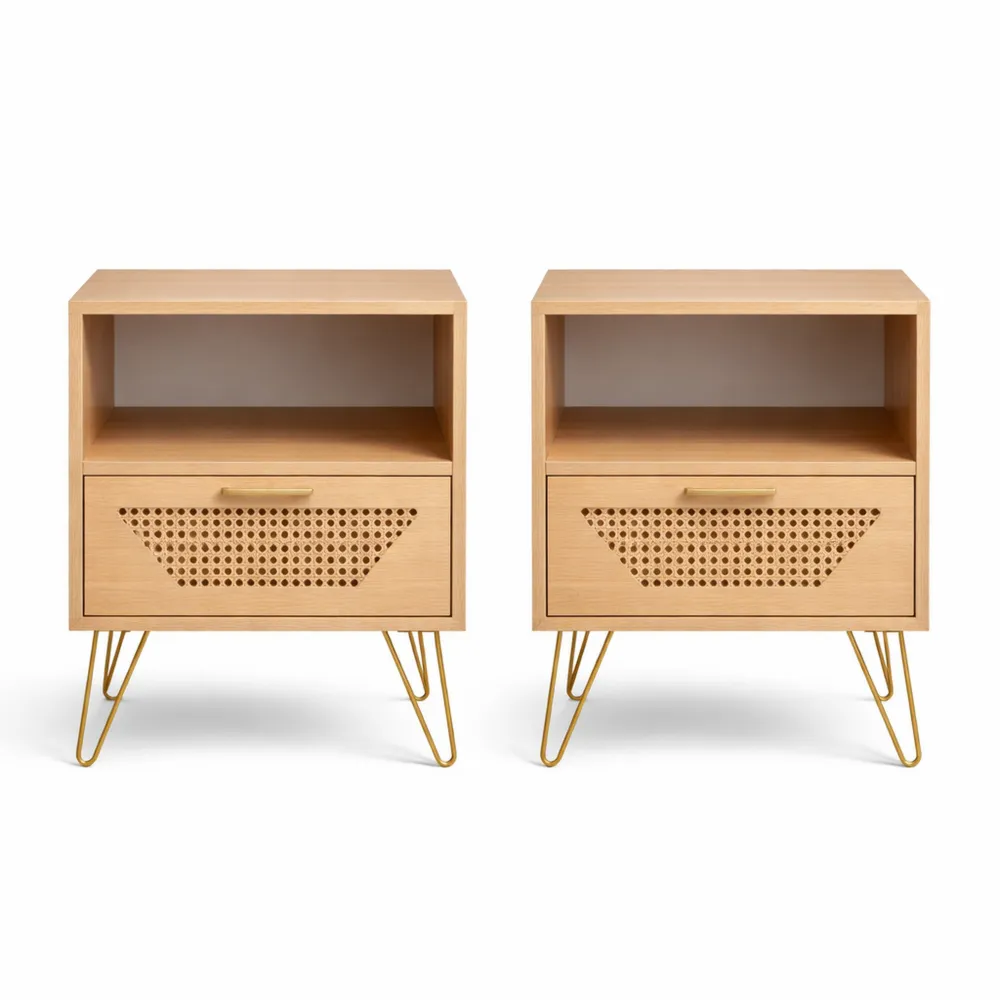 Set de 2 tables de chevet en bois avec tiroir en rotin et compartiment