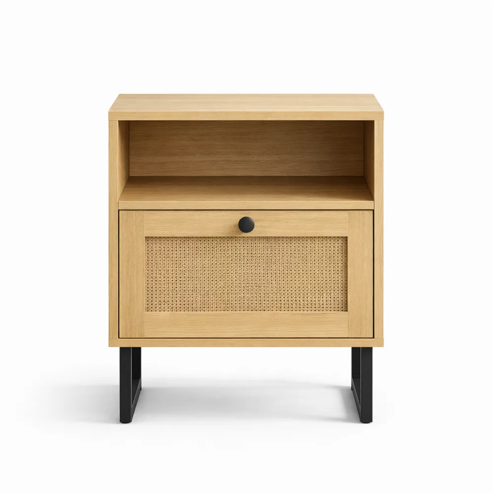 Table de Nuit Bohème en Rotin avec Tiroir et Étagère