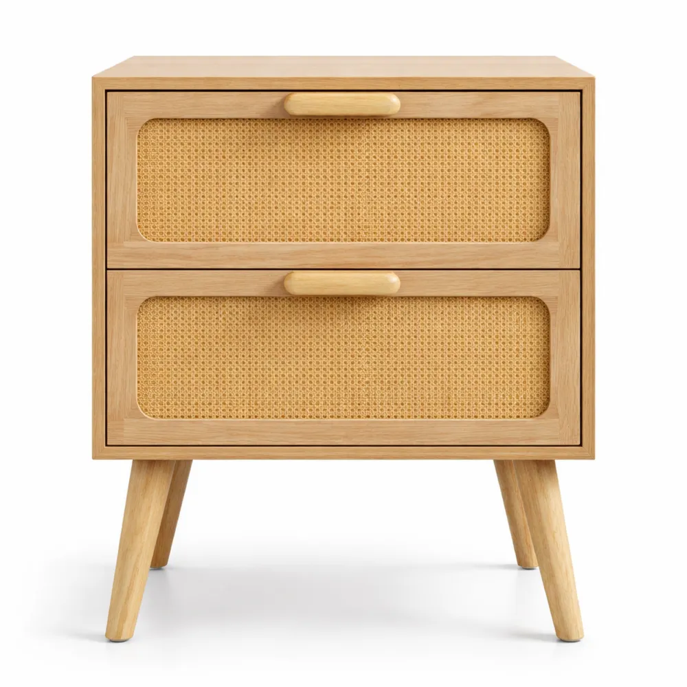 Table de Nuit Scandinave en Rotin avec Tiroirs