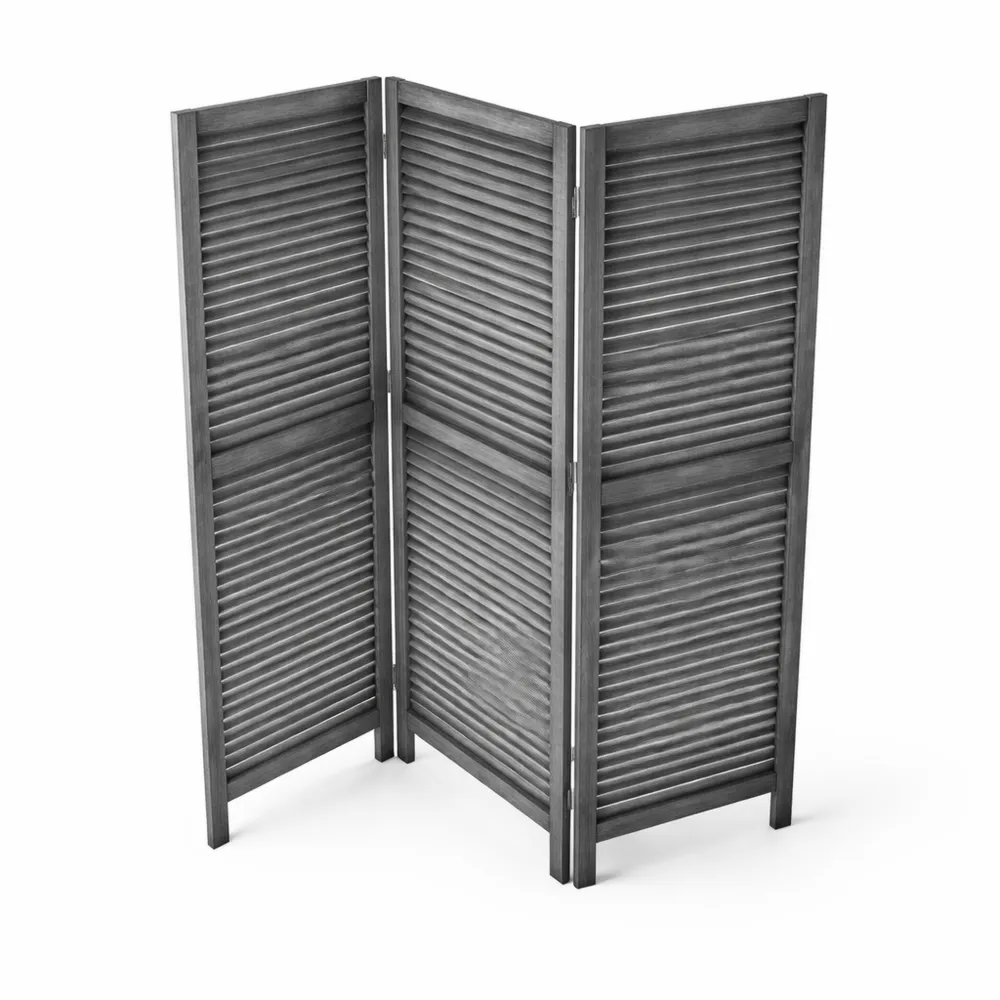 Paravent gris 120 x 170 cm style persienne, 3 panneaux en bois pour salon