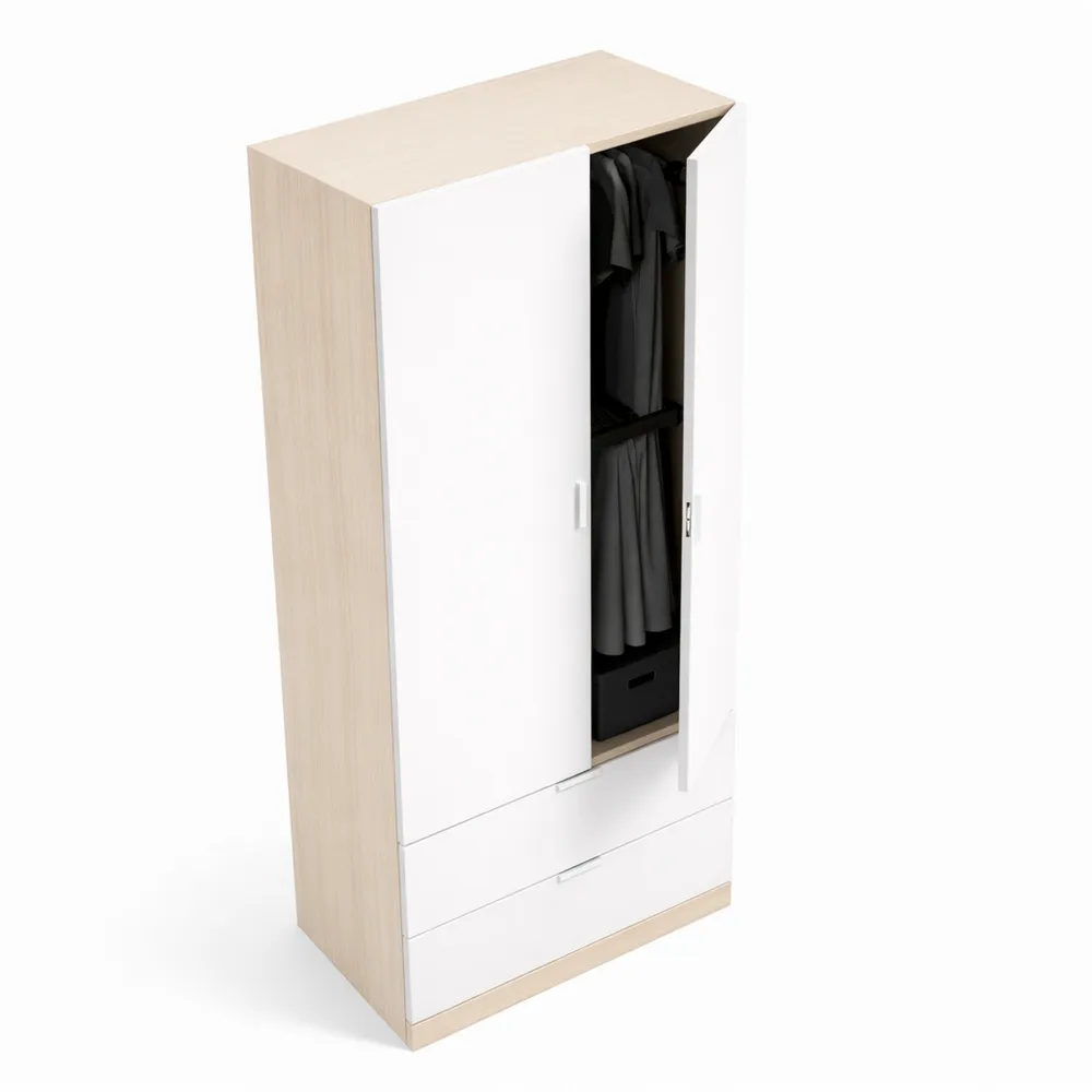 Armoire moderne avec portes et tiroirs, blanc et chêne