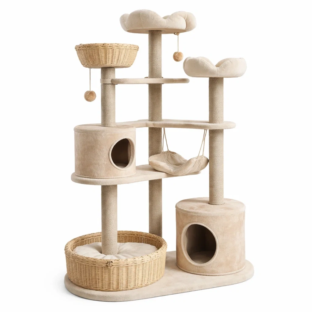 Kratzbaum aus Sisal und Plüsch mit Rattan Korb Beige-dwelldecorum