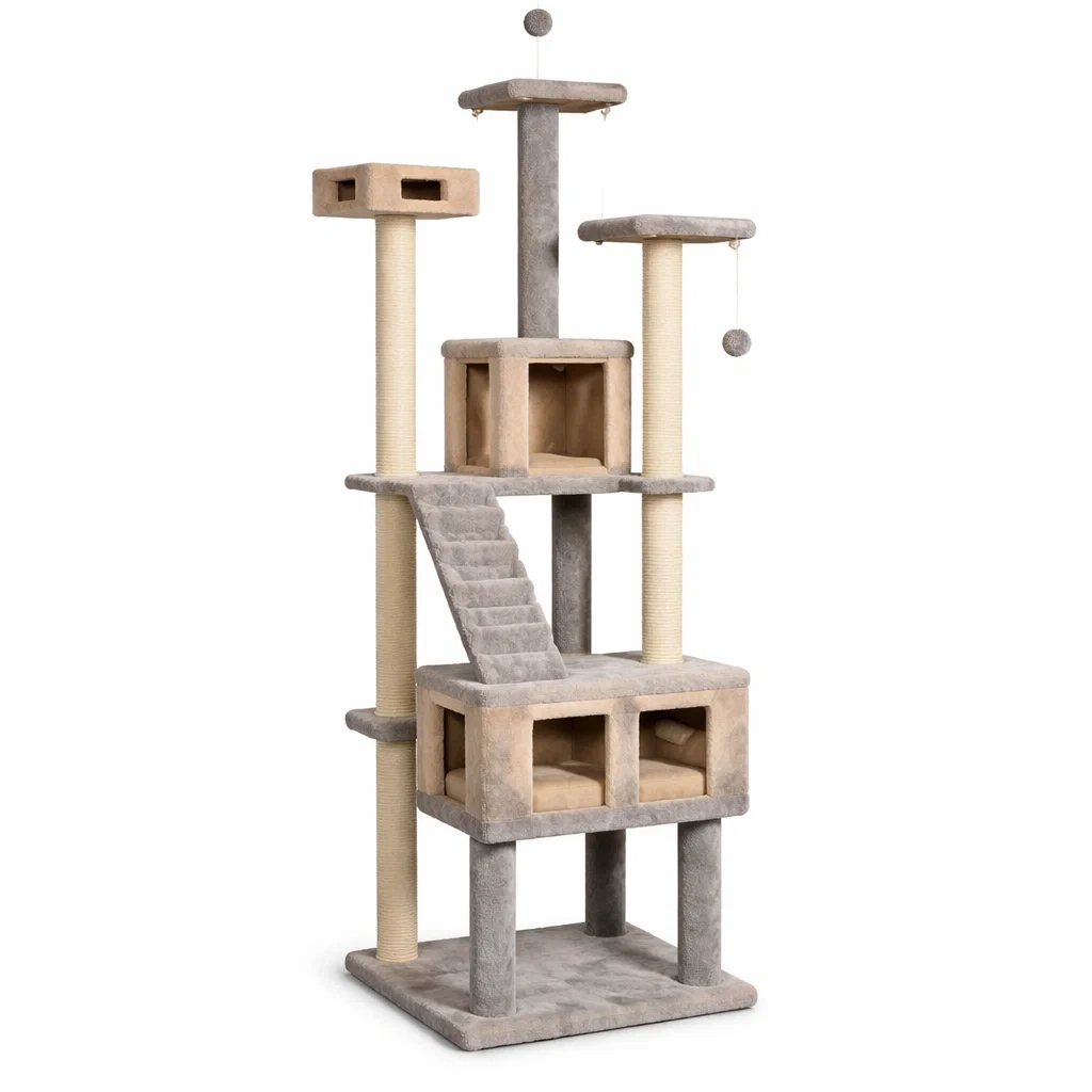 Kratzbaum aus Plüsch mit Sisalstämmen Grau Beige-dwelldecorum