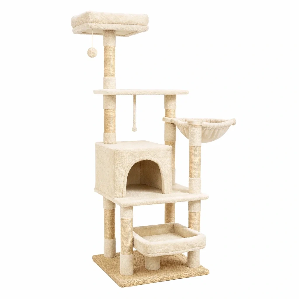 Kratzbaum aus MDF Platten Plüschstoff und Sisalseil Beige-dwelldecorum