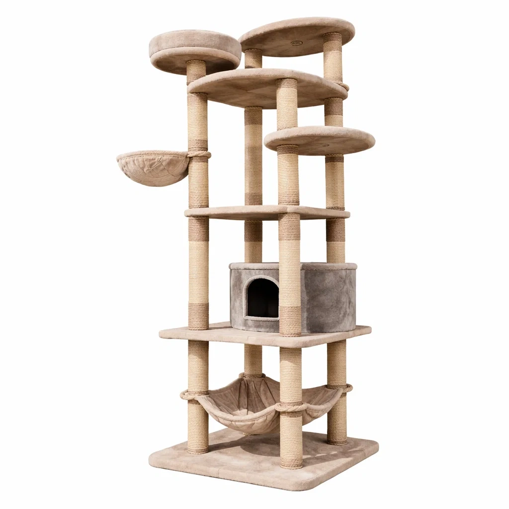 Kratzbaum aus Plüsch und Sisal Beige mit Höhle und Hängematte-dwelldecorum