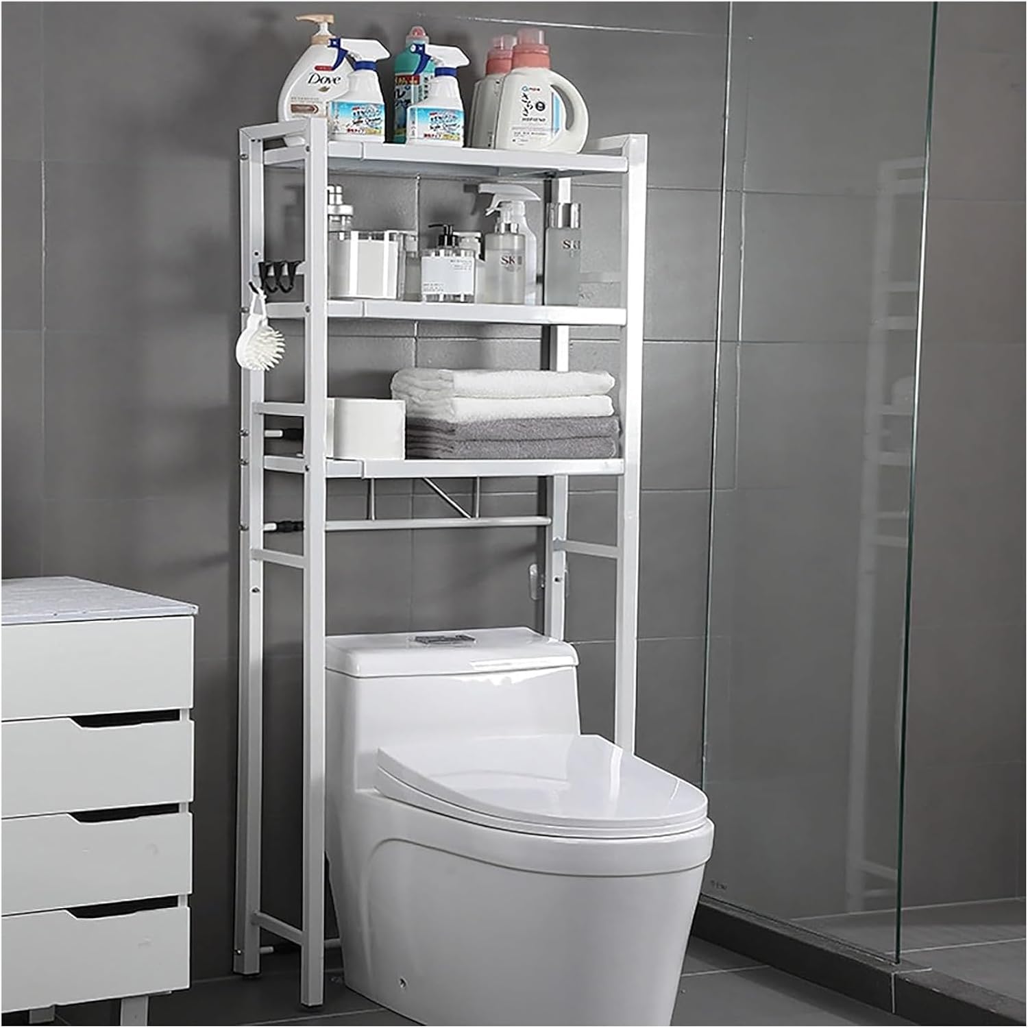 Estante metálico para lavadora y secadora blanco - organizador sobre electrodomésticos H157 cm - estantería de niveles para lavandería-Casamyio