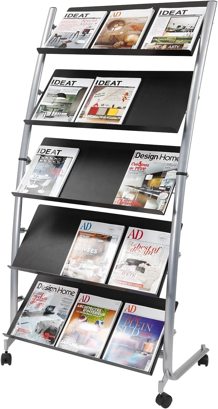 Alba expositor de revistas negro - soporte grande con 5 estantes - metal y ABS - para oficina recepción y comercio-Casamyio
