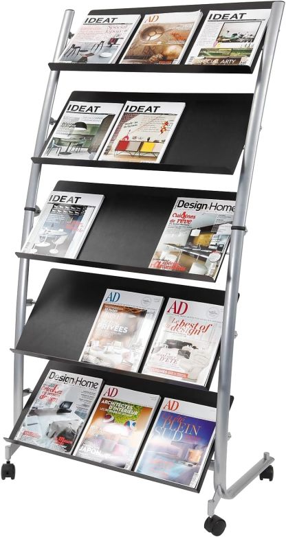 Alba expositor de revistas negro - soporte grande con 5 estantes - metal y ABS - para oficina recepción y comercio-Casamyio