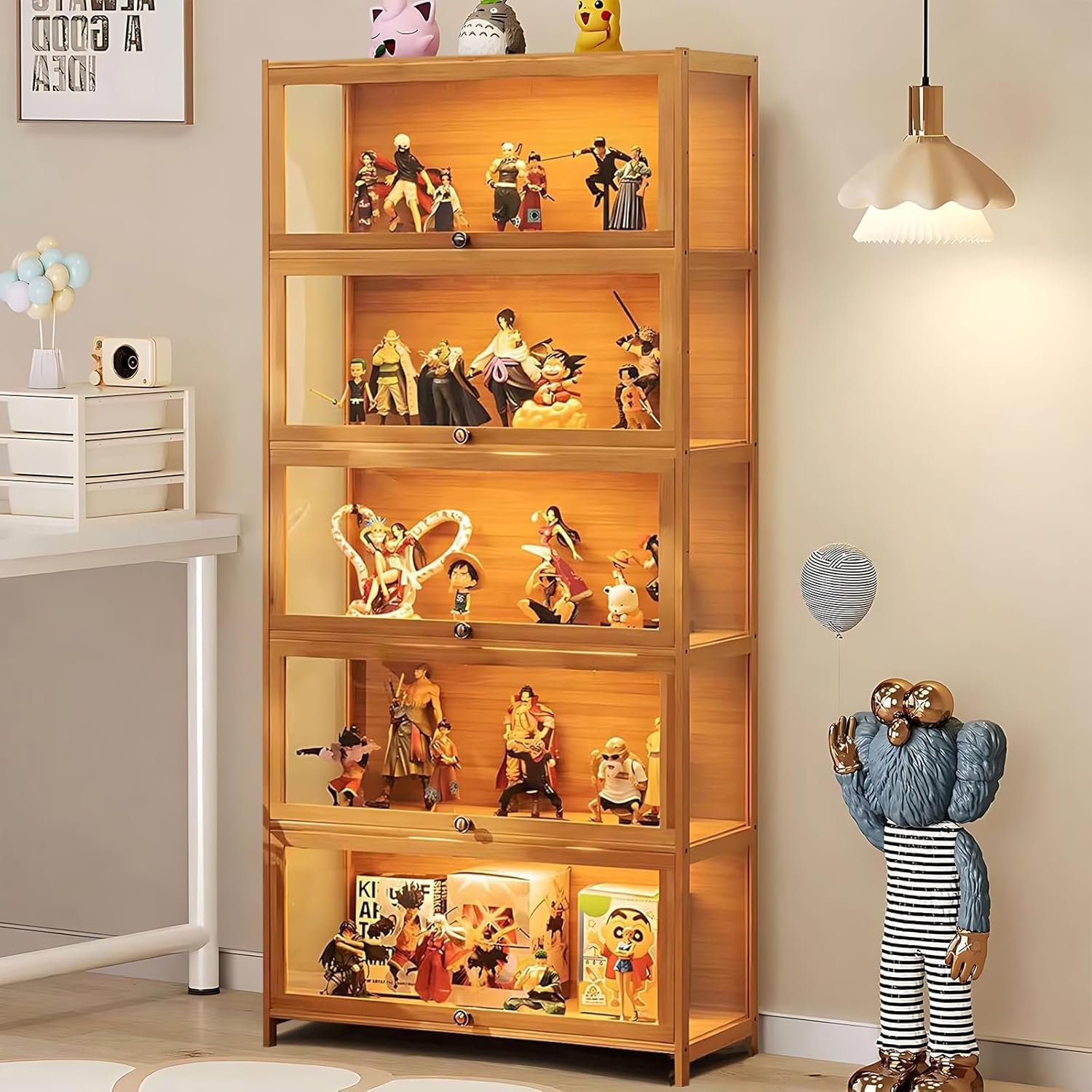 Vitrina de pie marrón de 5 pisos - armario curio con puertas acrílicas transparentes - bambú - para salón oficina y libros-Casamyio