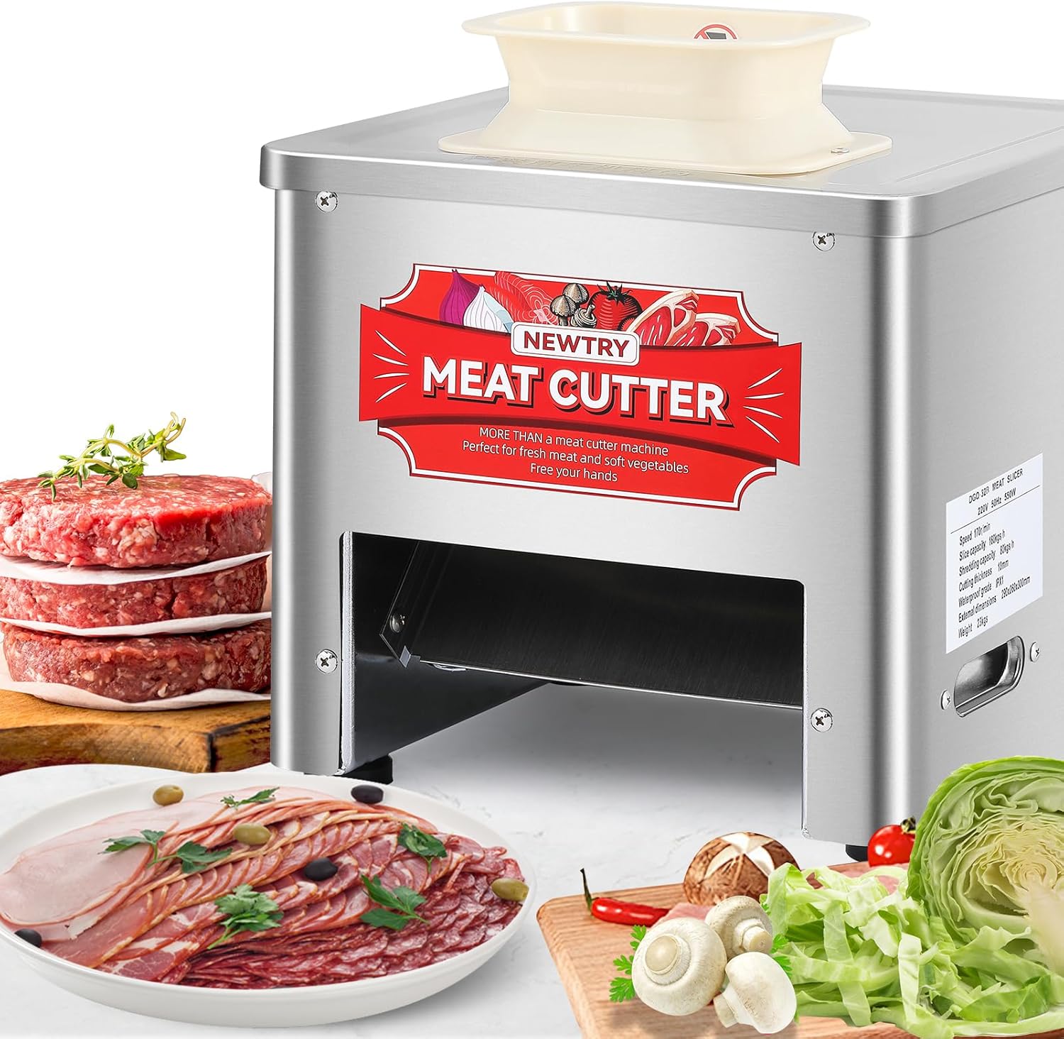 NEWTRY cortadora comercial de carne 550 W - máquina de acero inoxidable con cuchilla de 7 mm - producción 160 kg por hora para restaurante carnicería y comedor-Casamyio