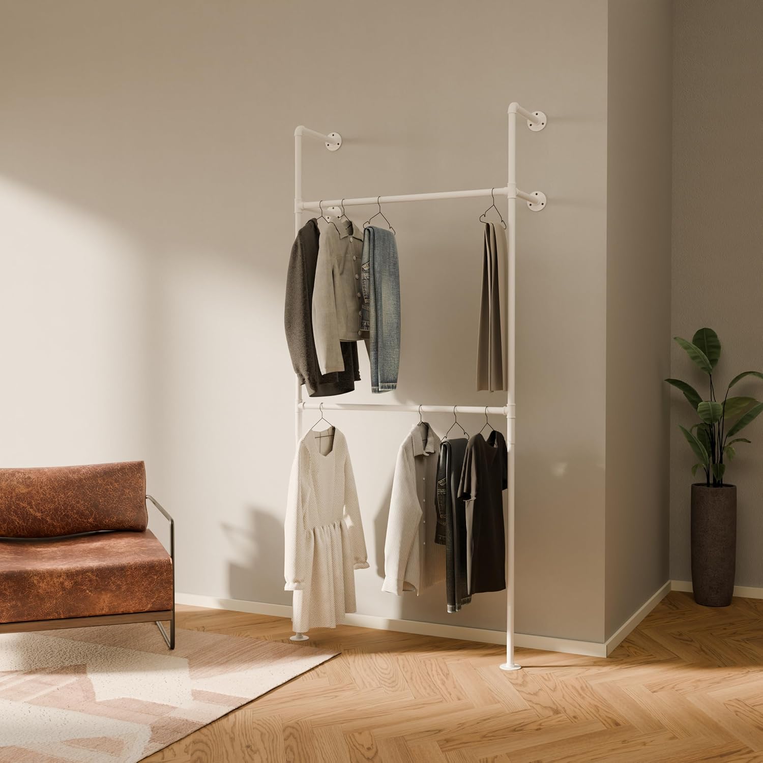 Pamo barra de colgar blanca de pared - armario abierto industrial - tubos de hierro fundido - capacidad 200 kg - para abrigos y vestidos-Casamyio