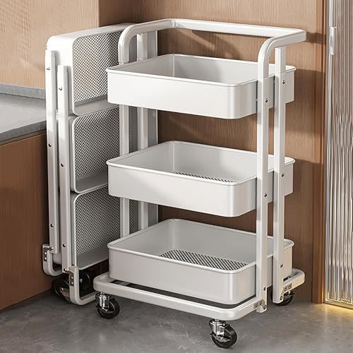 Carrito rodante blanco de 3 niveles - organizador multifuncional con asa y ruedas 92 x 44 x 38 cm - para cocina oficina y manualidades-Casamyio