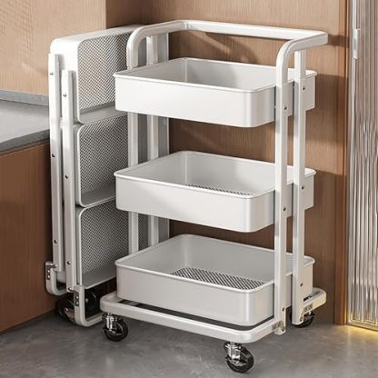 Carrito rodante blanco de 3 niveles - organizador multifuncional con asa y ruedas 92 x 44 x 38 cm - para cocina oficina y manualidades-Casamyio