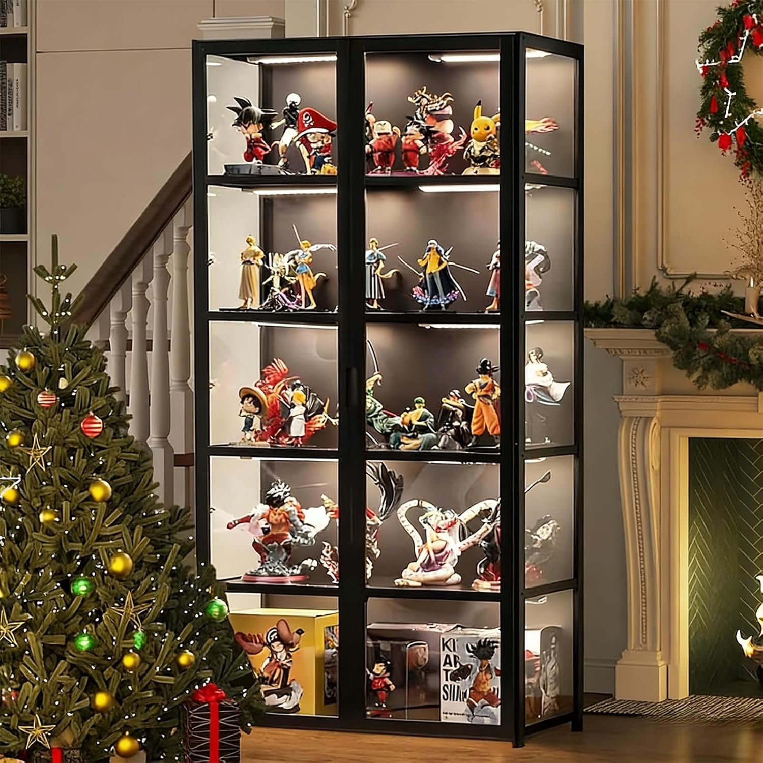 Vitrina de bambú con puerta acrílica - 5 estantes - organizador de juguetes y colección - doble apertura negra - para dormitorio y salón-Casamyio