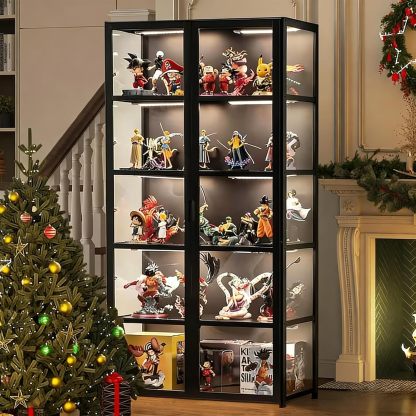 Vitrina de bambú con puerta acrílica - 5 estantes - organizador de juguetes y colección - doble apertura negra - para dormitorio y salón-Casamyio