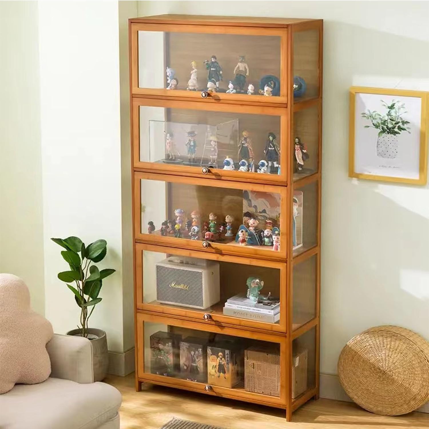 Vitrina de colección color madera - marco de bambú natural y acrílico - 5 niveles - antipolvo - para hogar y oficina-Casamyio