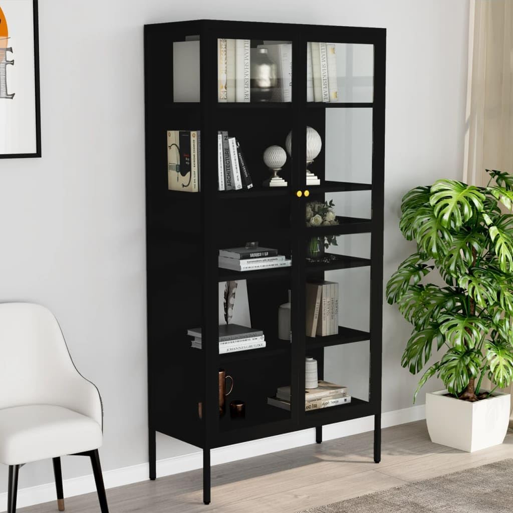 Vitrina estantería negra de acero y vidrio templado - 4 compartimentos - 90 por 40 por 180 cm - alacena para libros y porcelana-Casamyio