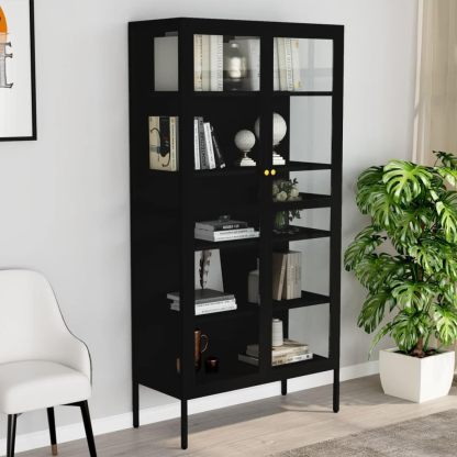 Vitrina estantería negra de acero y vidrio templado - 4 compartimentos - 90 por 40 por 180 cm - alacena para libros y porcelana-Casamyio